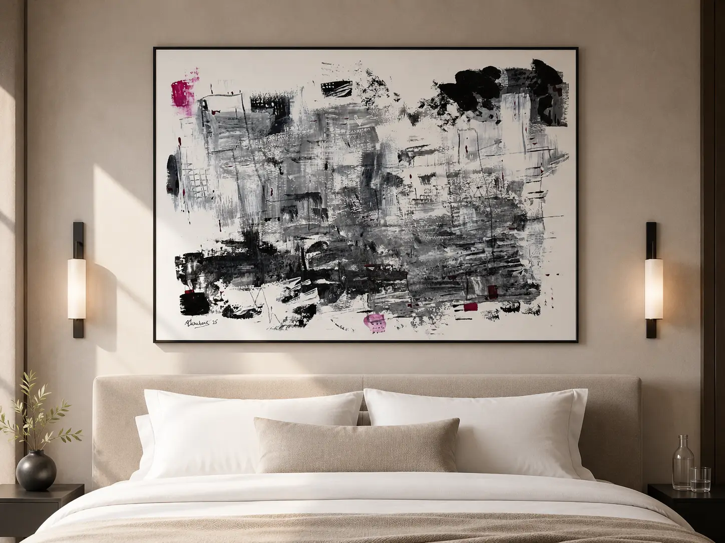 Monochrome abstract painting with pink accents by Alice Chambers on a living room wall