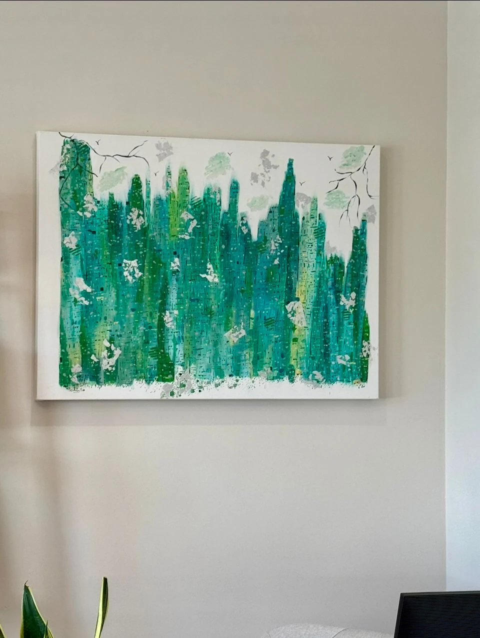 Green abstract cityscape painting by Alice Chambers displayed at Dandelion Farewells