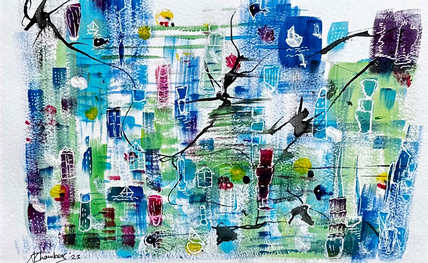 Hidden Sea Shapes — original mounted acrylic painting by Alice Chambers, 14 x 10 inches