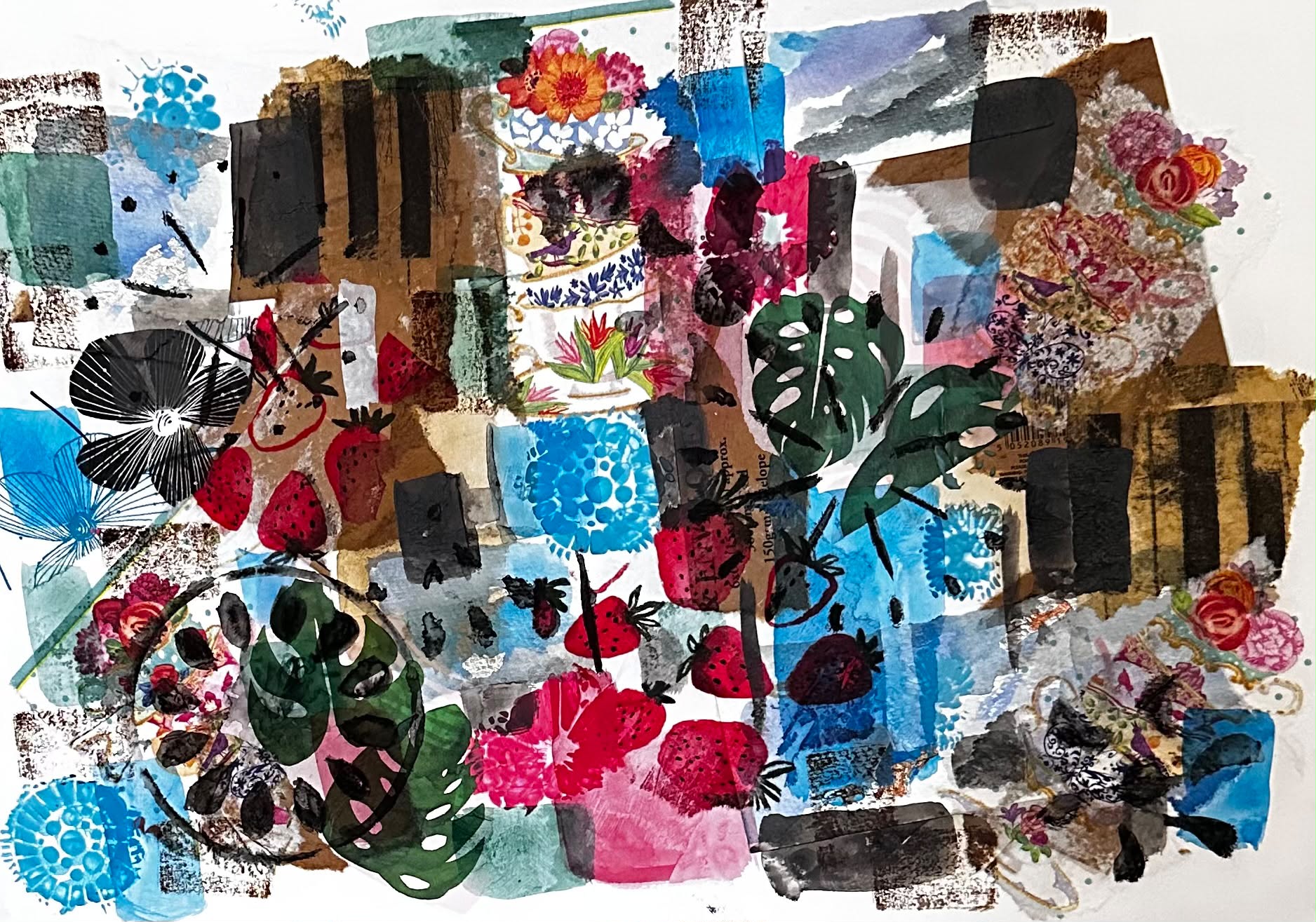 Strawberries — original collage and acrylic painting by Alice Chambers