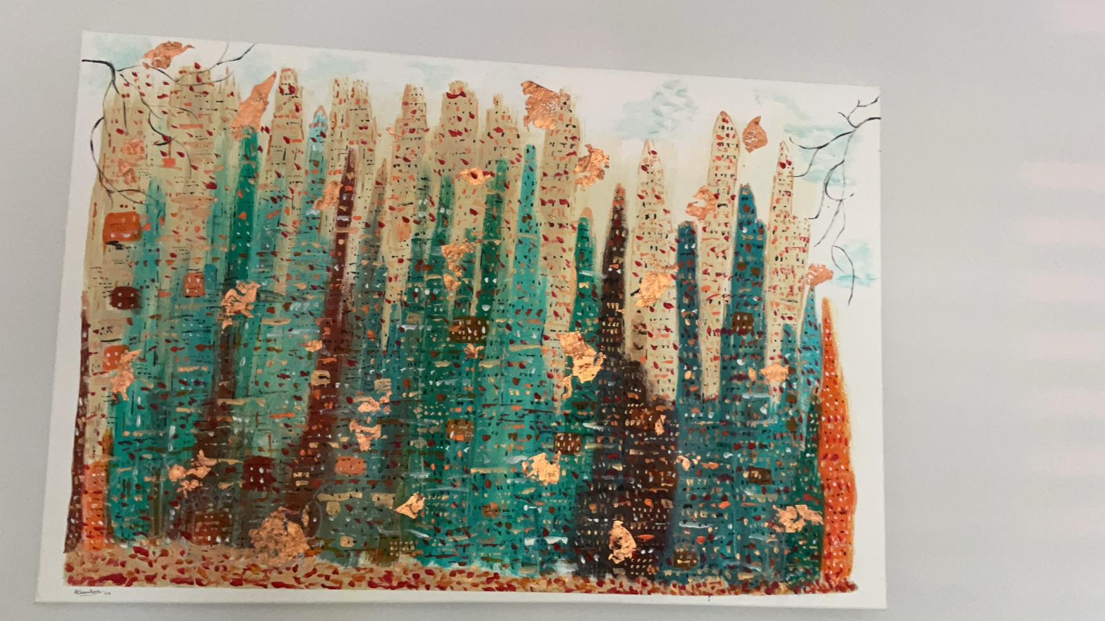 Commissioned turquoise and copper cityscape artwork by Alice Chambers